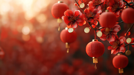 Obraz premium Happy Chinese New Year with festive red flowers, lanterns, and gold coin decorations
