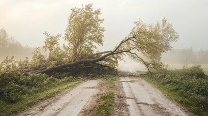 Fallen Tree on Muddy Road After Stormy Weather