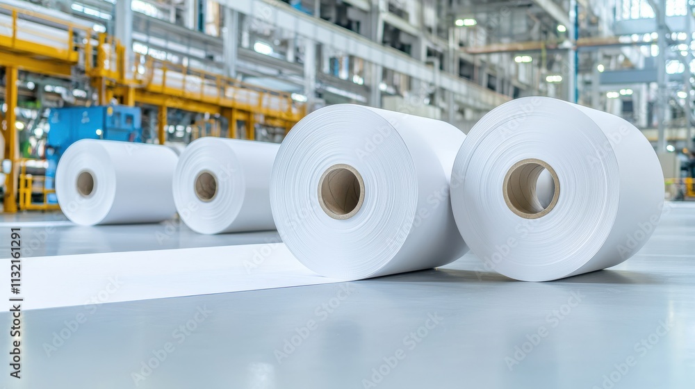 Poster the image shows multiple rolls of white paper stored in a factory setting, highlighting a clean and 