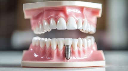 Obraz premium Beautiful upper teeth ceramic press ceramic crowns and veneers on the dental stone model zircon arch ceramic prothesis Implants Dental restoration treatment clinic patient oral surgery dentist