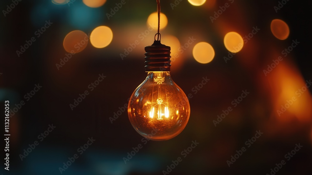 Poster a glowing light bulb with blurred edges, its warm light softly blending into a dark background, crea