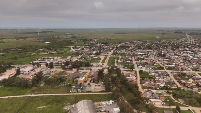 Chui, border town with Uruguayan city of Chuy, Rio Grande do Sul, Brazil. Aerial backward