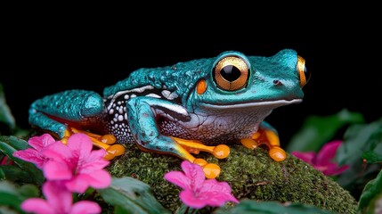 Obraz premium Vibrant Green Frog on Moss Tropical Rainforest Closeup
