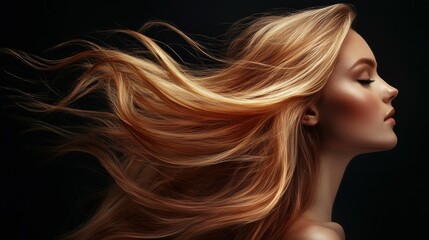 Naklejka premium Hair care, grooming and portrait of woman in studio with salon, healthy and shiny treatment for beauty. Confident, wellness and person with long, wavy and volume hairstyle routine by black background