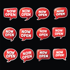 Set of red speech bubble icons featuring 'Now Open' text in a bold, playful font style. Ideal for marketing, advertisements, and promotional materials to announce availability or opening of services o