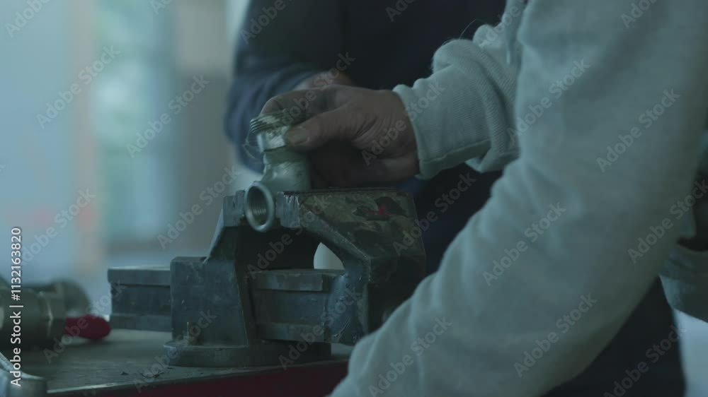 Poster worker tightens metal object in a vise on a workbench inside a workshop with soft natural light