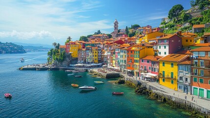 Obraz premium Nestled along the shoreline, the coastal city showcases a dazzling array of colorful buildings tightly hugging the cliffs