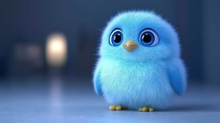 Obraz premium Adorable Fluffy Blue Bird Chick Cute Baby Bird Cartoon Animal