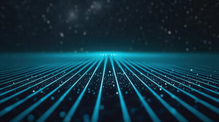 Obraz premium Futuristic Blue Lines Over Dark Background with Floating Particles and Depth Effect for Abstract Design Use
