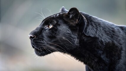 Majestic black panther in profile against a blurred background