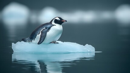 Obraz premium Lone Penguin Perched on Melting Iceberg in Arctic Landscape