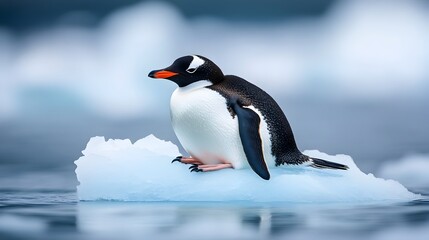 Obraz premium Majestic Penguin Swimming on Floating Iceberg in Icy Arctic Ocean Landscape