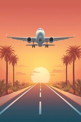 Fototapeta premium Airplane flying over road at sunset art tropical landscape