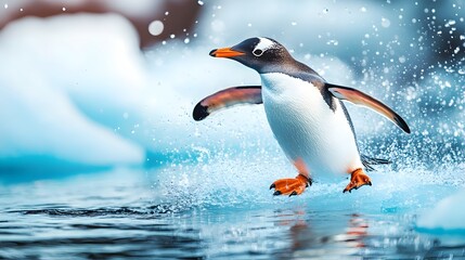 Fototapeta premium Playful Penguin Leaping Out of Frozen Antarctic Ocean