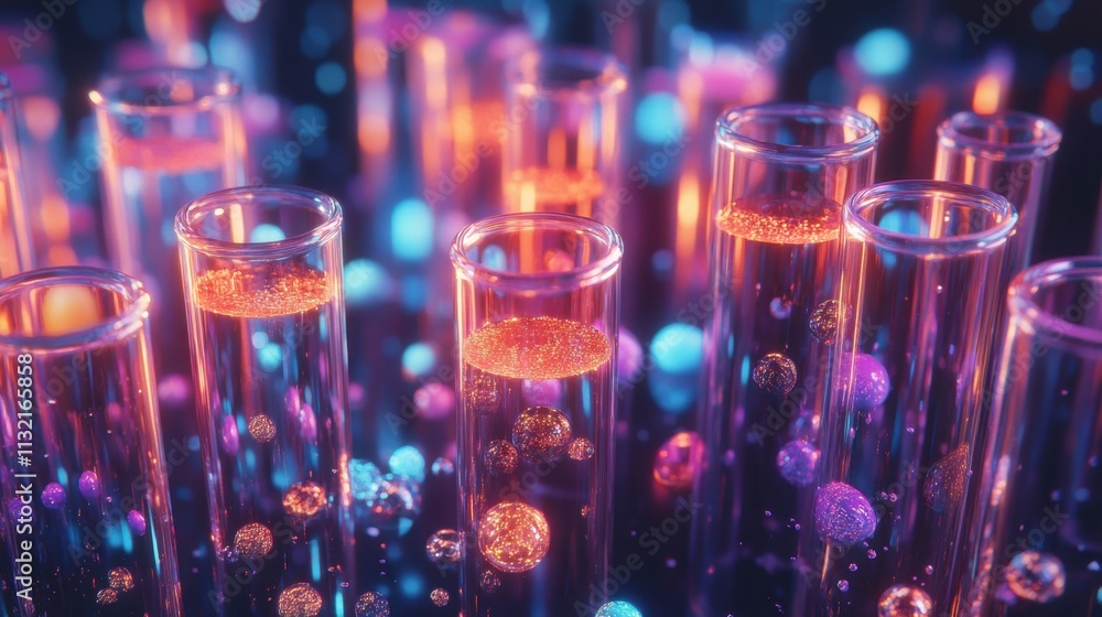 Poster an array of test tubes with colorful chemicals glowing under intense lab light, realistic and highly
