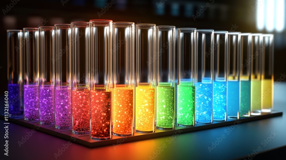 Poster an array of test tubes with colorful chemicals glowing under intense lab light, realistic and highly