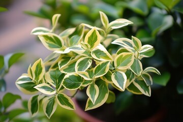 Obraz premium Lush green plant with variegated leaves in a pot.