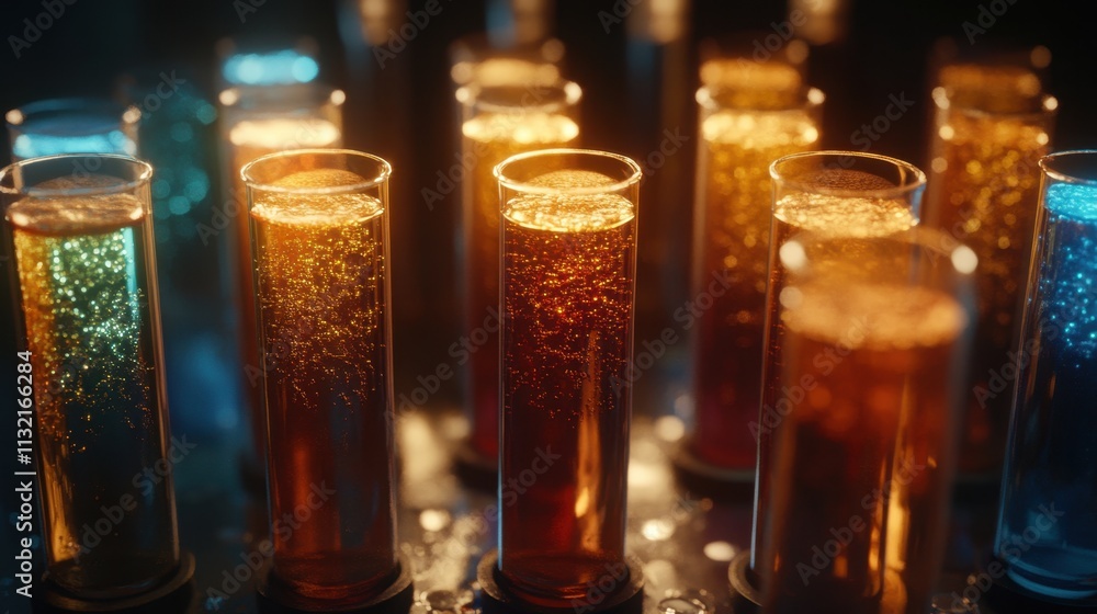 Aufkleber an array of test tubes with vibrant liquids glowing under laboratory lights, creating a detailed sci