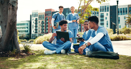 Medical student, studying and online with people in outdoor for college, healthcare and research....