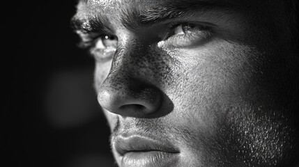 Fototapeta premium Serious Man with Defined Facial Features, Portrait of a Mature Male with Strong Jawline Generative AI