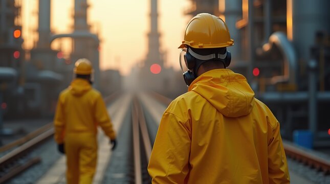 Industrial Workers in Yellow Safety Gear in a Gas Processing Plant