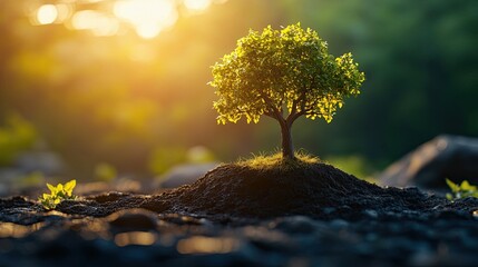 Tree Growing from Digital Coin Symbolizing Green Finance Sustainable Investment 3D Futuristic Illustration Eco Friendly Financial Solutions Renewable Investment