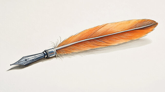 An original illustration of a feather quill pen in a vintage woodblock style