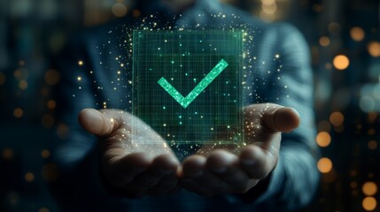 Businessman holding a digital hologram of a green check mark symbolizing compliance and certification Generative AI