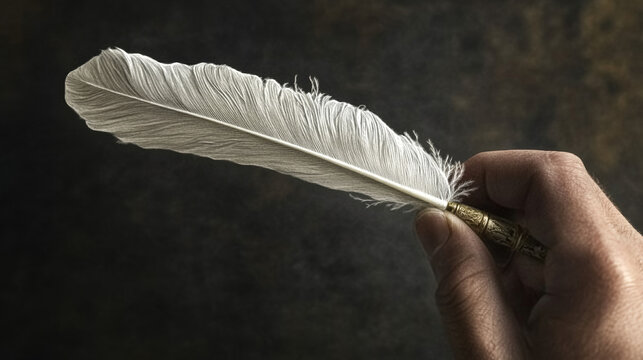 An original illustration of a feather quill pen in a vintage woodblock style