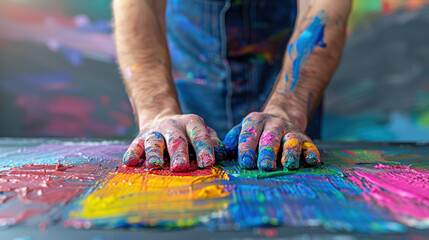 Obraz premium Colorful Hands Creating Art with Bright Paints on Canvas in Creative Expression Workshop