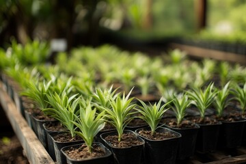 Lush green seedlings in pots ready for planting.