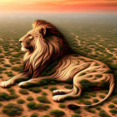 Abstract Savanna Scene, Lion Optical Illusion in African Landscape