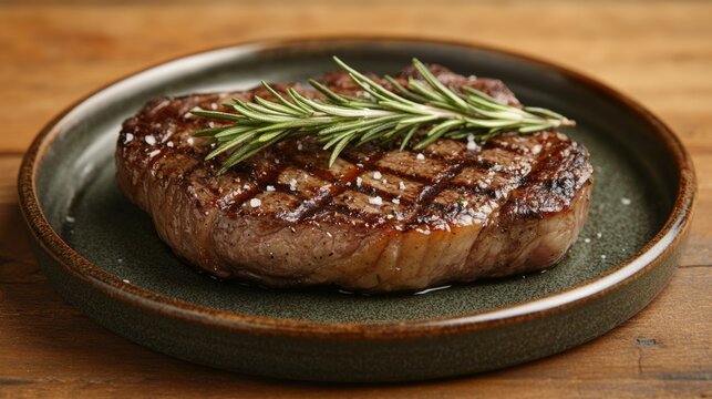 Delicious Ribeye Steak with Fresh Rosemary on a Rustic Plate, Perfect for Restaurant or Food Blog Use Generative AI