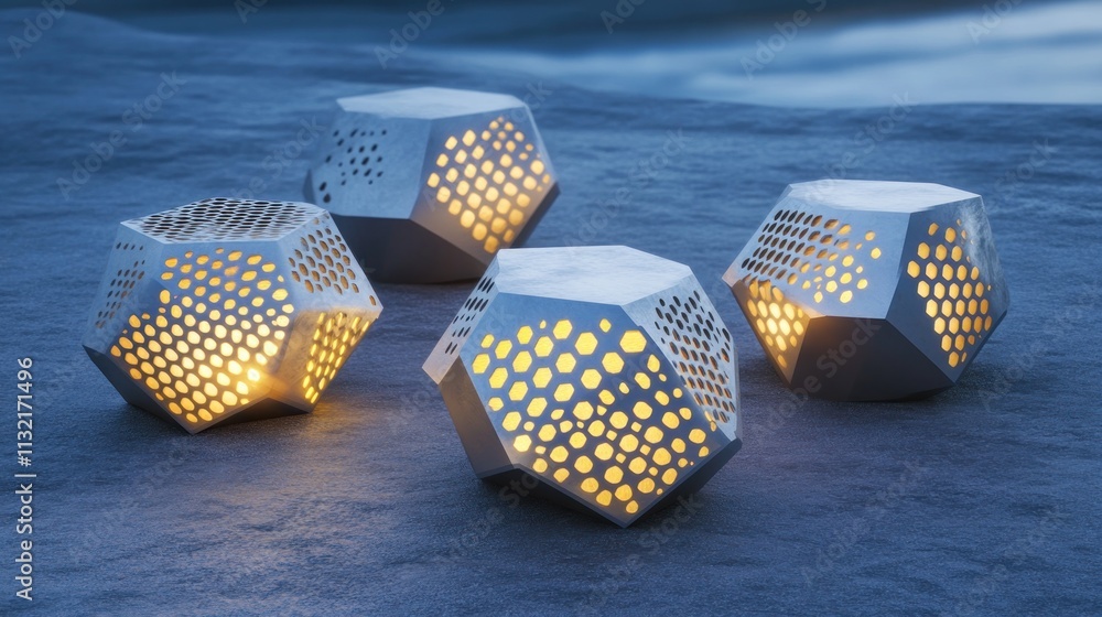 Poster illuminated geometric lanterns resting on dark surface