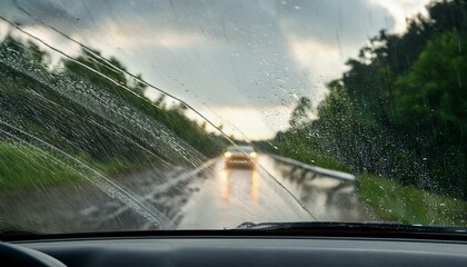 Rain-streaked windshield view: Approaching vehicle on wet rural road under stormy sky.