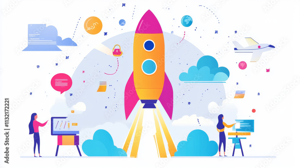 Poster startup big idea creative launching product. digital spaceship rocket flies up into outer space with