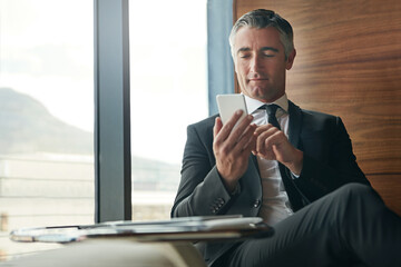 Break, business and phone with mature man in corporate workplace for communication or networking....