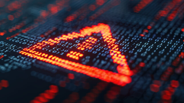 Abstract Digital Background with Red Warning Triangle and Binary Code on Dark Canvas for Cybersecurity Concepts