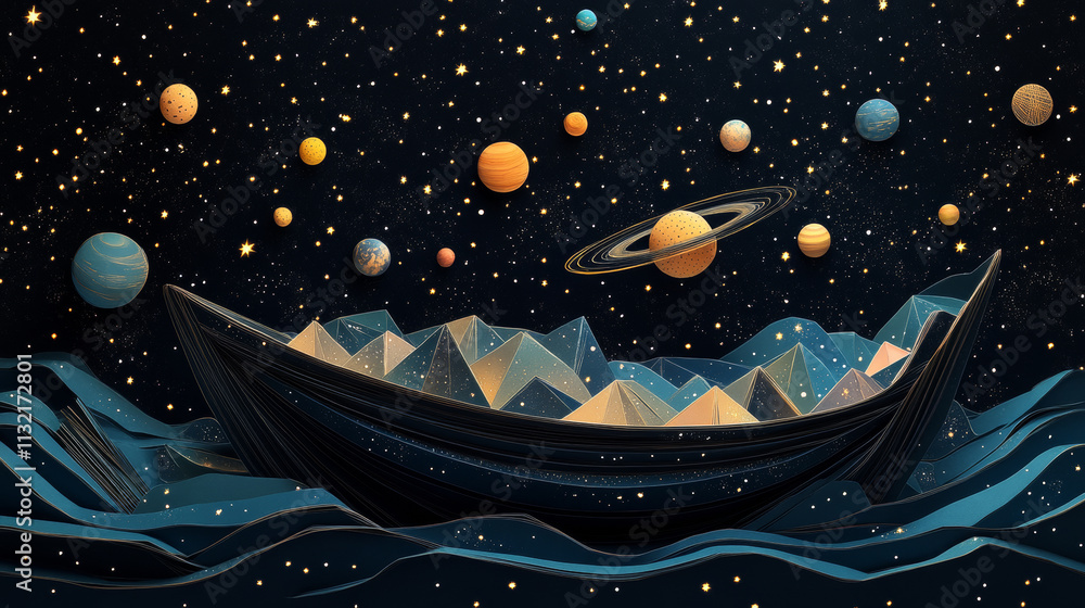 Poster abstract image of a paper boat in the form of a starry sky or space, consisting of points, lines, an