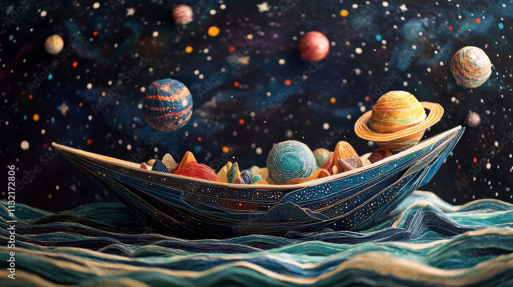 Poster abstract image of a paper boat in the form of a starry sky or space, consisting of points, lines, an