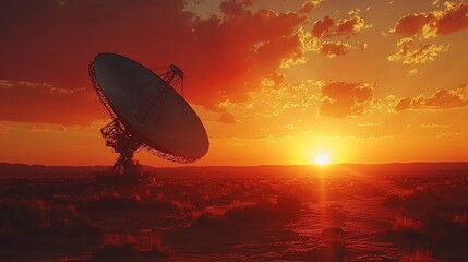 Obraz premium Sunset over a radio telescope in a desert landscape.