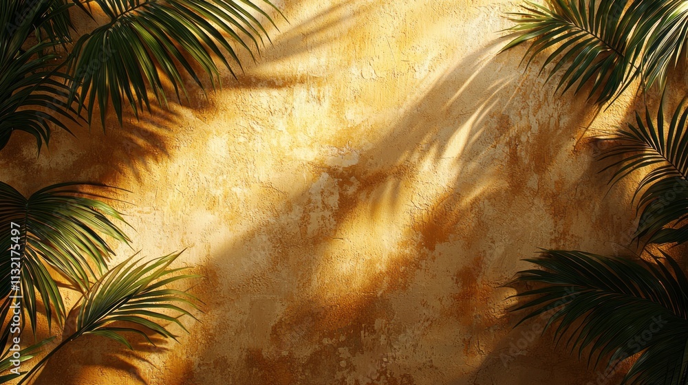 Poster intricate shadows from lush palm leaves create a beautiful pattern on a sunlit golden wall, evoking 