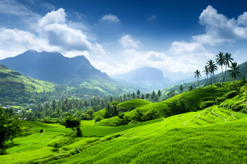 Obraz premium Lush Green Rice Terraces Landscape Illustration