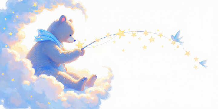 An illustration depicts a cute bear fishing for stars among fluffy clouds, creating a whimsical and dreamy atmosphere filled with light and imagination for art.