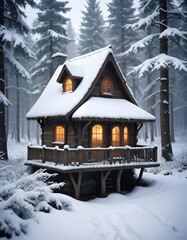 Naklejka premium house in the snowy forest, forest house, winter, Christmas, magical, Fantasy