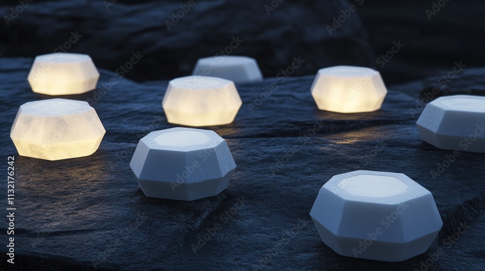 Poster illuminated geometric forms resting on dark stone