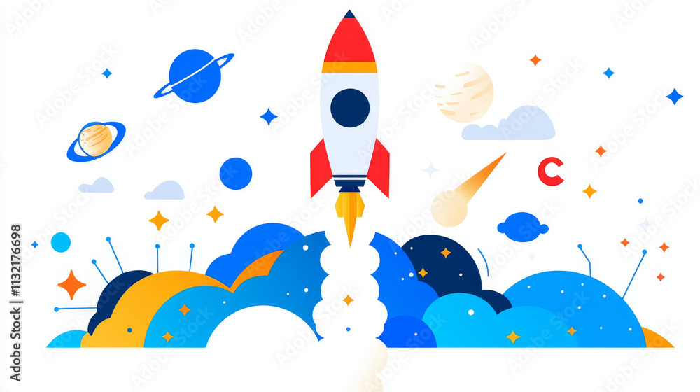 Poster launch digital spaceship rocket flies up into outer space. polygonal low poly wireframe style. busin