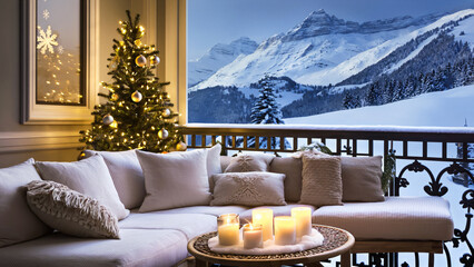 Fototapeta premium A cozy living room features a soft sofa decorated for the holidays, with a view of snow-covered mountains through the window, creating a warm and inviting winter scene for Christmas.