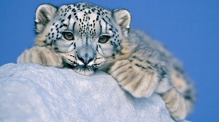 Fototapeta premium Majestic Snow Leopard Cub Resting on Rock Wildlife Photography