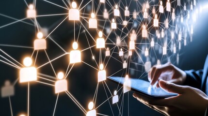 CRM Customer relationship management concept Businessman using digital tablet with customer network technology customer service Human resources HR management and recruitment outsourcing